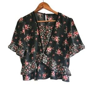 Atmosphere Blouse Women's 12 Black Floral Velour Trim Feminine Cottagecore